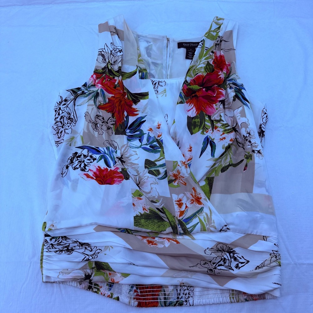 White House Black Market Floral Surplice Blouson Sleeveless Top Small Multicolor